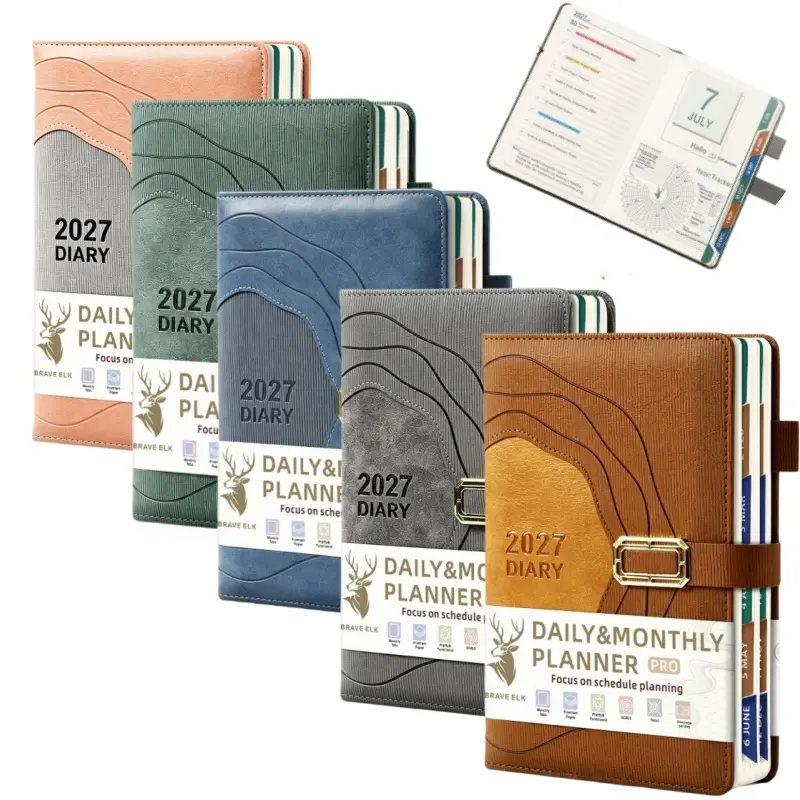 【Back to School】Unisex Leather Cover 2027 A5 Daily Schedule Planner Notebook, College Ruled Hardcover Agenda for Daily Planning, 8.3x5.7in Large 320-Page College School Supplies Journal, 1 Piece-MM1