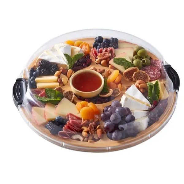 Build a Board 14" Round Bamboo Charcuterie Board with Locking Lid, 5 Compartment Serving Board, Cheese Board, Snack Tray, Party Platter