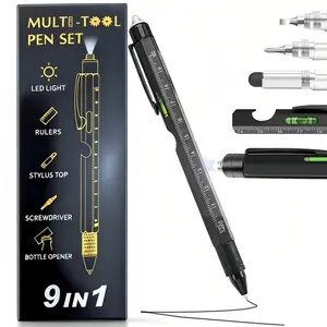 [Black]Multifunctional Tool Pen Set Portable 9in1 with LED Light Metal ABS Ballpoint Pen Flat Head Phillips Screwdriver Stylus Bottle Opener Phone Holder Bubble Level Ruler for Office Supplies