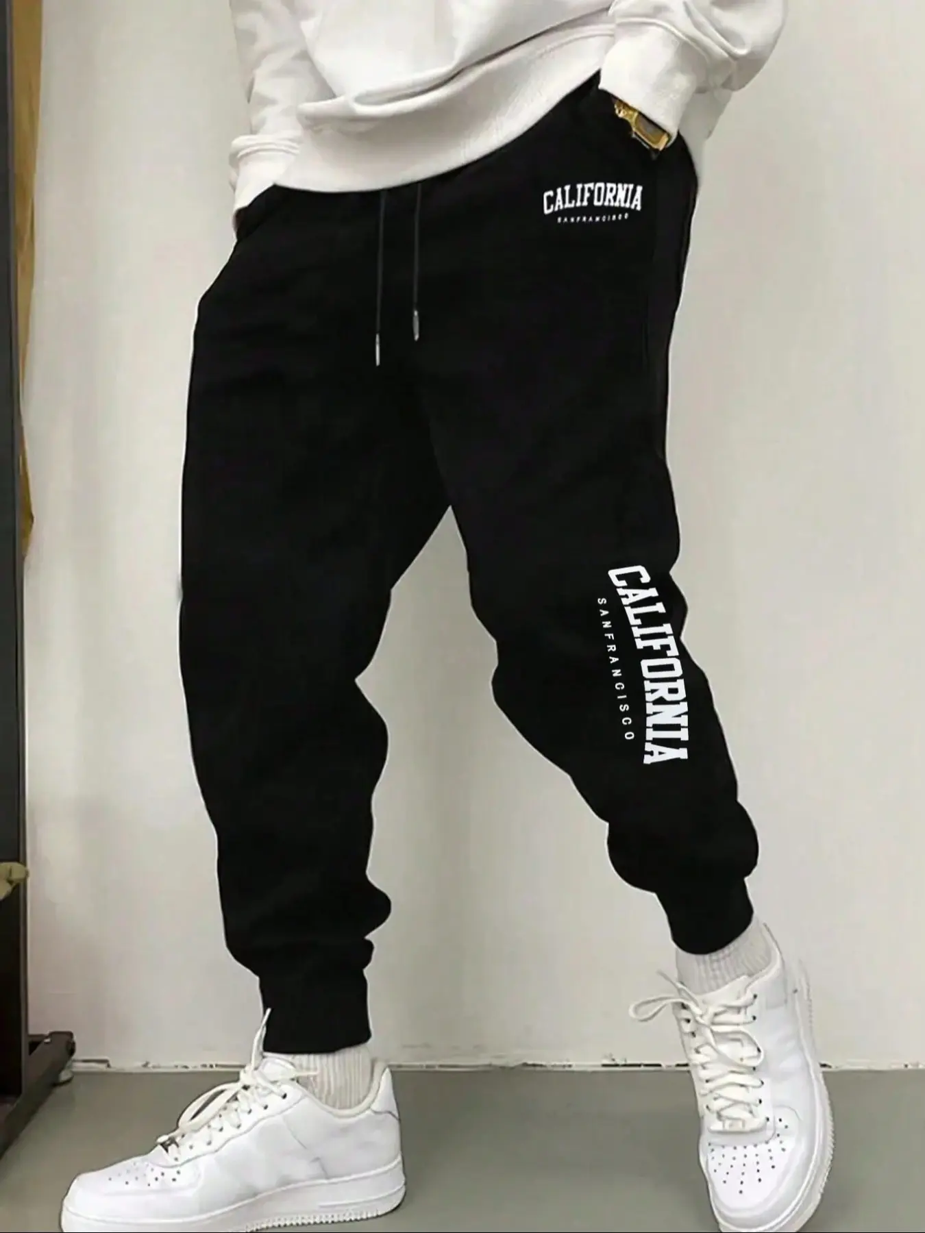 California Print Jogger Pants, Loose Fit Elastic Waist, Pure Cotton Fleece Fabric, Unisex Casual Streetwear, Fall Winter Comfort, Workout Casual Baggy