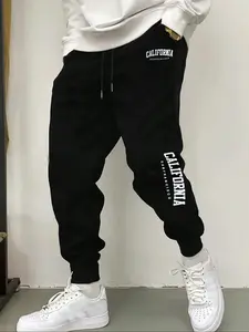 California Print Jogger Pants, Loose Fit Elastic Waist, Pure Cotton Fleece Fabric, Unisex Casual Streetwear, Fall Winter Comfort, Workout Casual Baggy