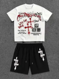 Premium Punk Style Cross Coin Print Set, Loose Printed T-Shirt + Drawstring Shorts, Vintage Distressed Design, Summer Essential, Clothes, Man, Outfit