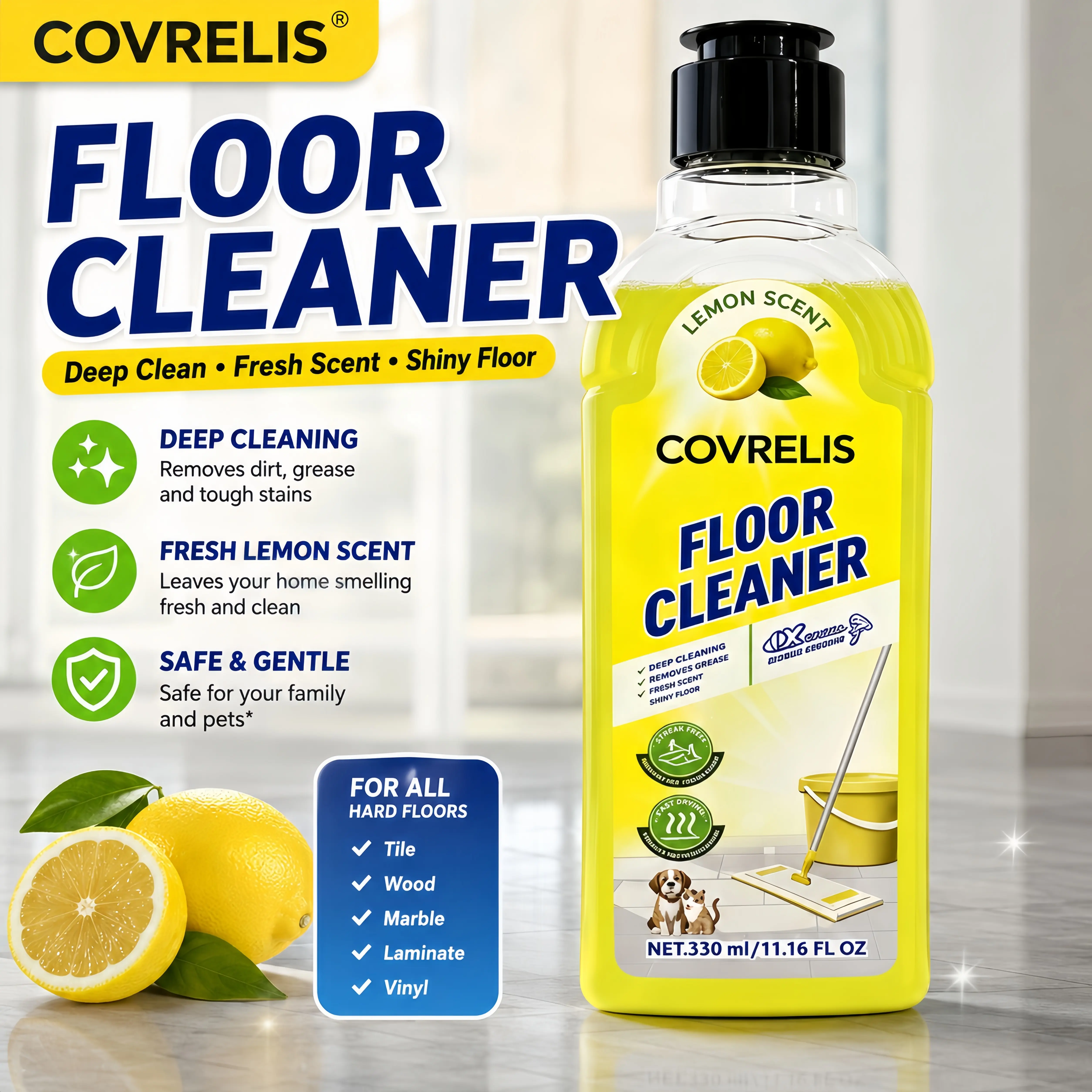 COVRELIS Lemon Floor Cleaner, Deep Clean Floor Cleaner, Magic Streak-Free Floor Cleaner | Fast-Drying Deep Cleaning Solution for Hardwood, Tile, Laminate, and Vinyl Floors, Pet-Friendly & Fresh Scent, floor cleaner for mopping、pet urine floor cleaner