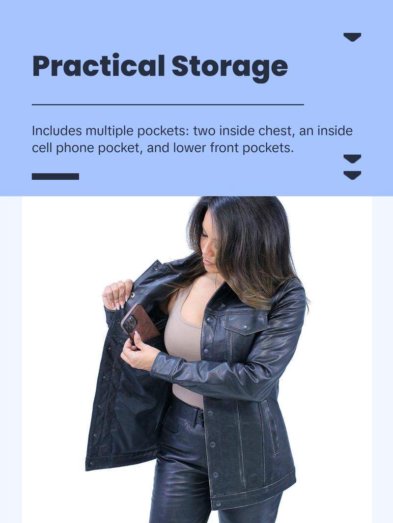 JAMIN LEATHER® Vintage Black Women's Long Leather Jean Jacket #LA2010LZK with Dual Concealed Pockets & Snap Front Collar - Coats