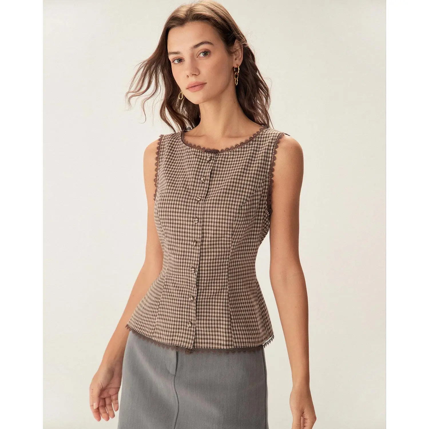 Rihoas Lady's Soft Brown Geometric Plaid Single-Breasted Cotton Fabric Piece - Formal Office Wear, Summer Hip Casual Top Vest,summerwins