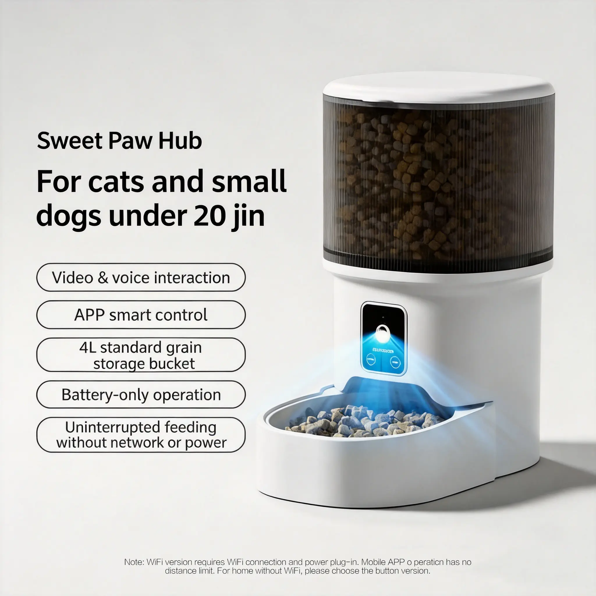 Sweet Paw Hub Smart Pet Feeder, 4L WiFi & Bluetooth App-Controlled Automatic Timed Food Dispenser for Cats (20lb Capacity) - Anti-Jam Outlets, Feeding Tray, Video & Voice Interaction, Backup Battery Slot, Office Use, Power Supply