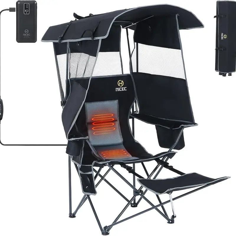 Nice C Chair with Canopy, Heated Camping Chair with Battery, Outdoor Sports Chairs with Shade, Heated Folding Umbrella Chairs, with Removable Footrest (1-Pack)