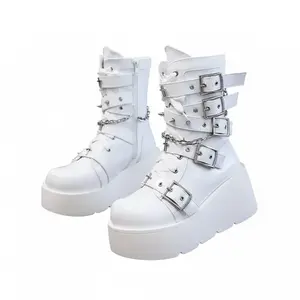 CYNLLIO Womens Mid Calf Goth Boots Round Toe Platform Heels Adjustable Buckles Side Zipper Lace Up Fashionable Comfortable Party Outing Cosplay Spring Summer Motorcycle Ridding Combat Boots