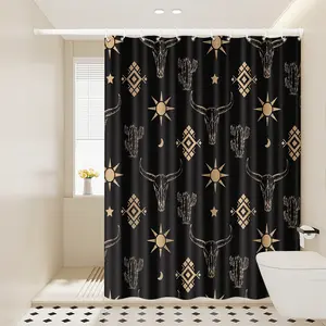 1pc Western Bull Skull Shower Curtain, Boho - Inspired Bathroom Decor, Cactus & Sun Pattern Design, 70.9x70.9in Hanging Curtain with Hooks, Ideal Gift for Housewarming or Friends, Bathroom Decoration Accessories