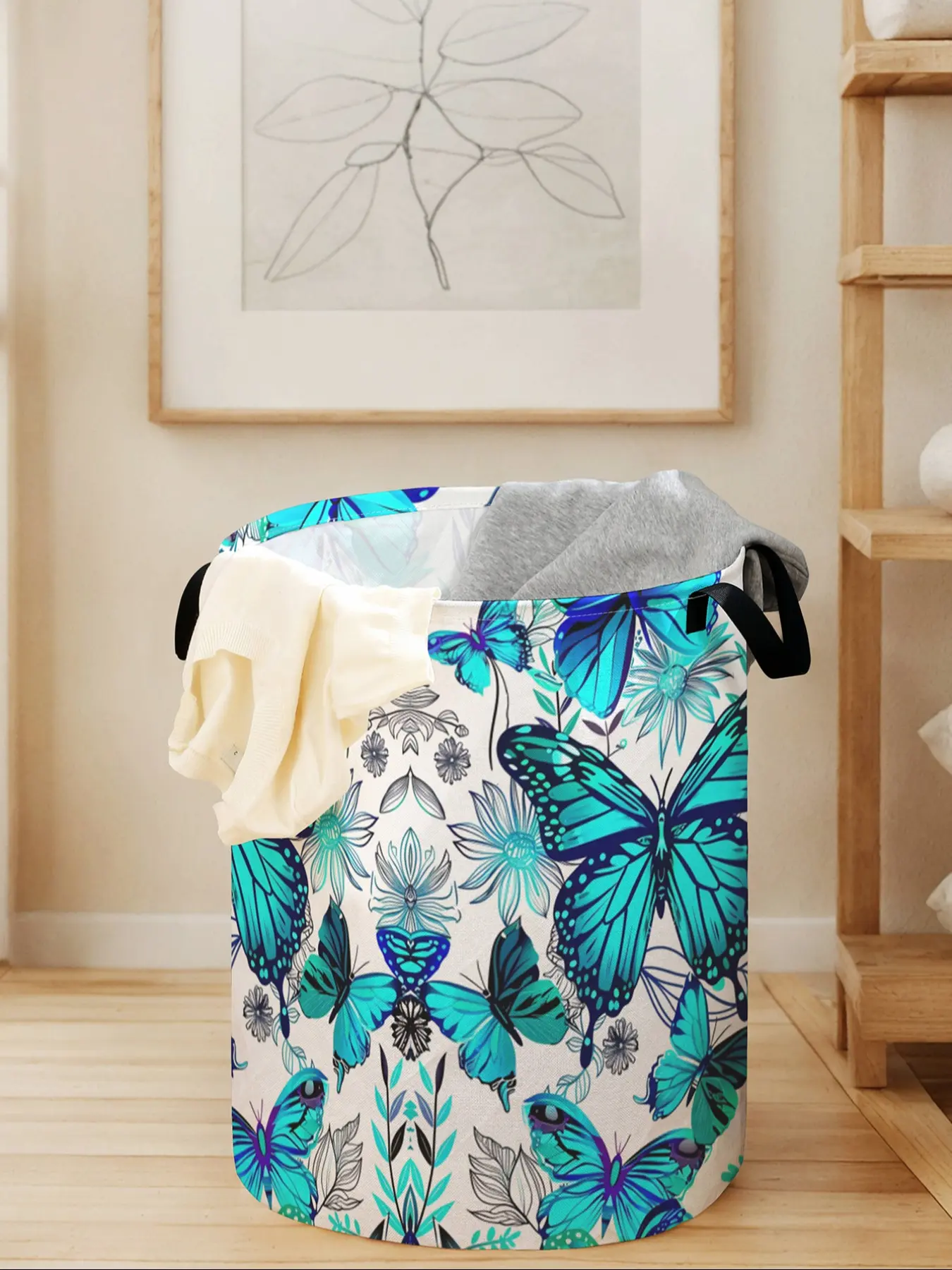Floral Butterfly Print Portable Laundry Basket with Handle, Durable Foldable Clothes Storage Bin, Large Capacity Toy Organizer for Home Use