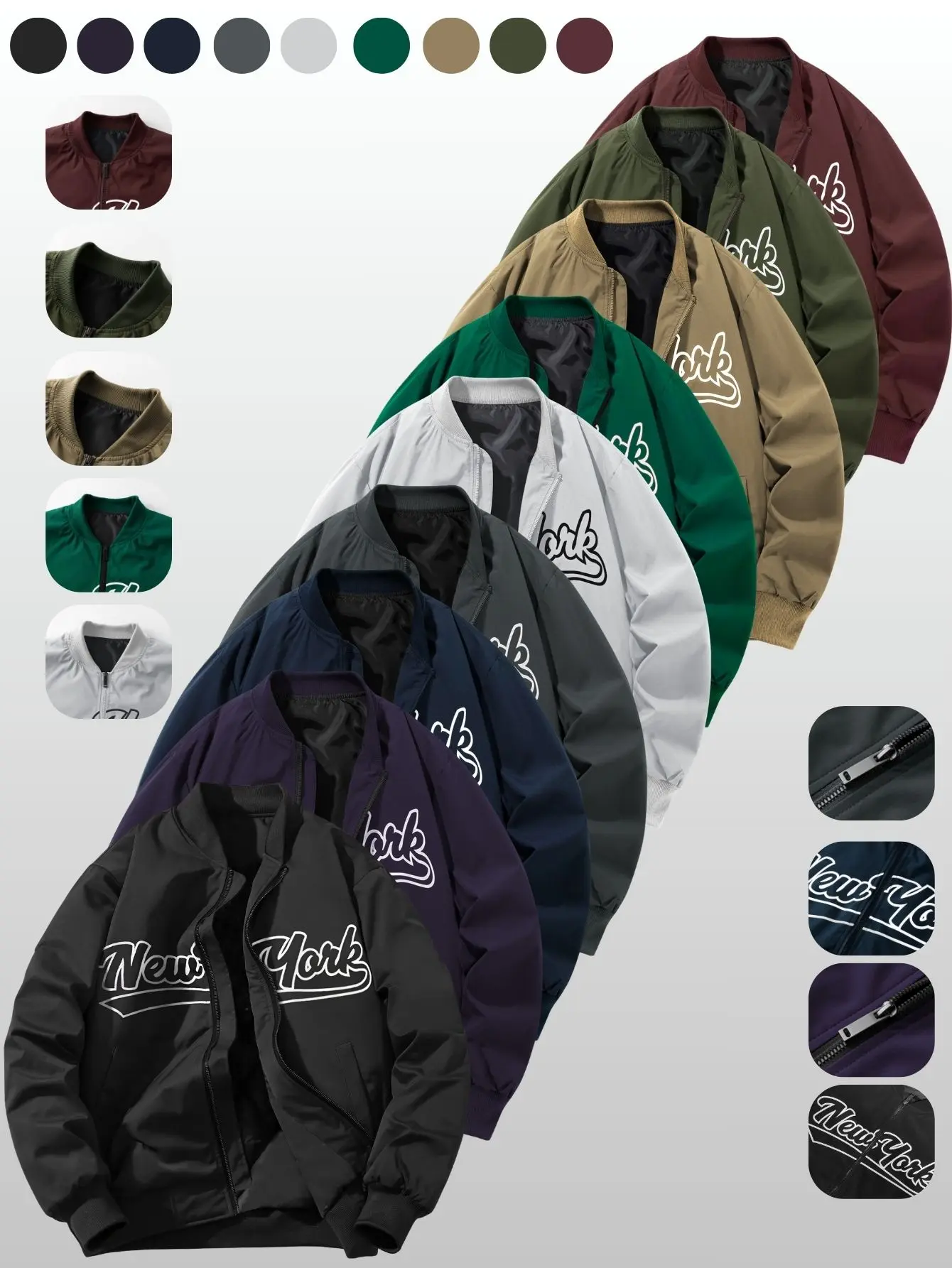 Men’s full-zip baseball collar jacket with ribbed collar, cuffs, and hem; letter print on the chest; side zip pockets; drop-shoulder loose fit; structured woven fabric American casual outerwear.