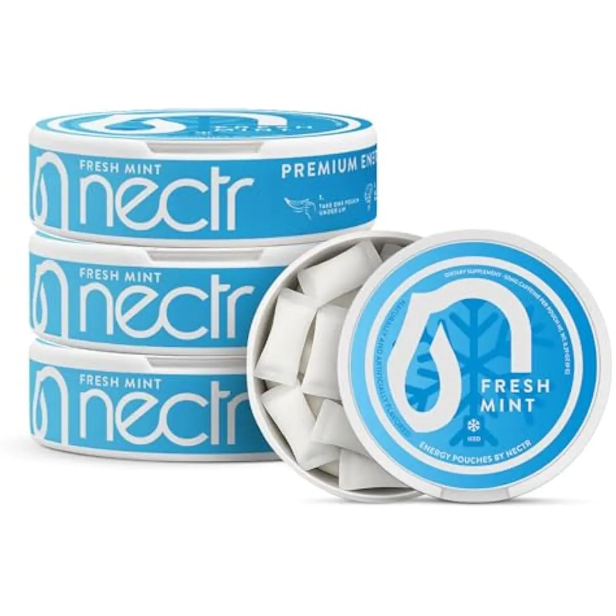Nectr Energy 50mg Caffeine Pouches - Fresh Mint Flavored, Sugar-Free Brain Treats. 20x Mini Nicotine-Free Pouches Per Puck. Fast Focus & Energy Supplement - 4 Pack