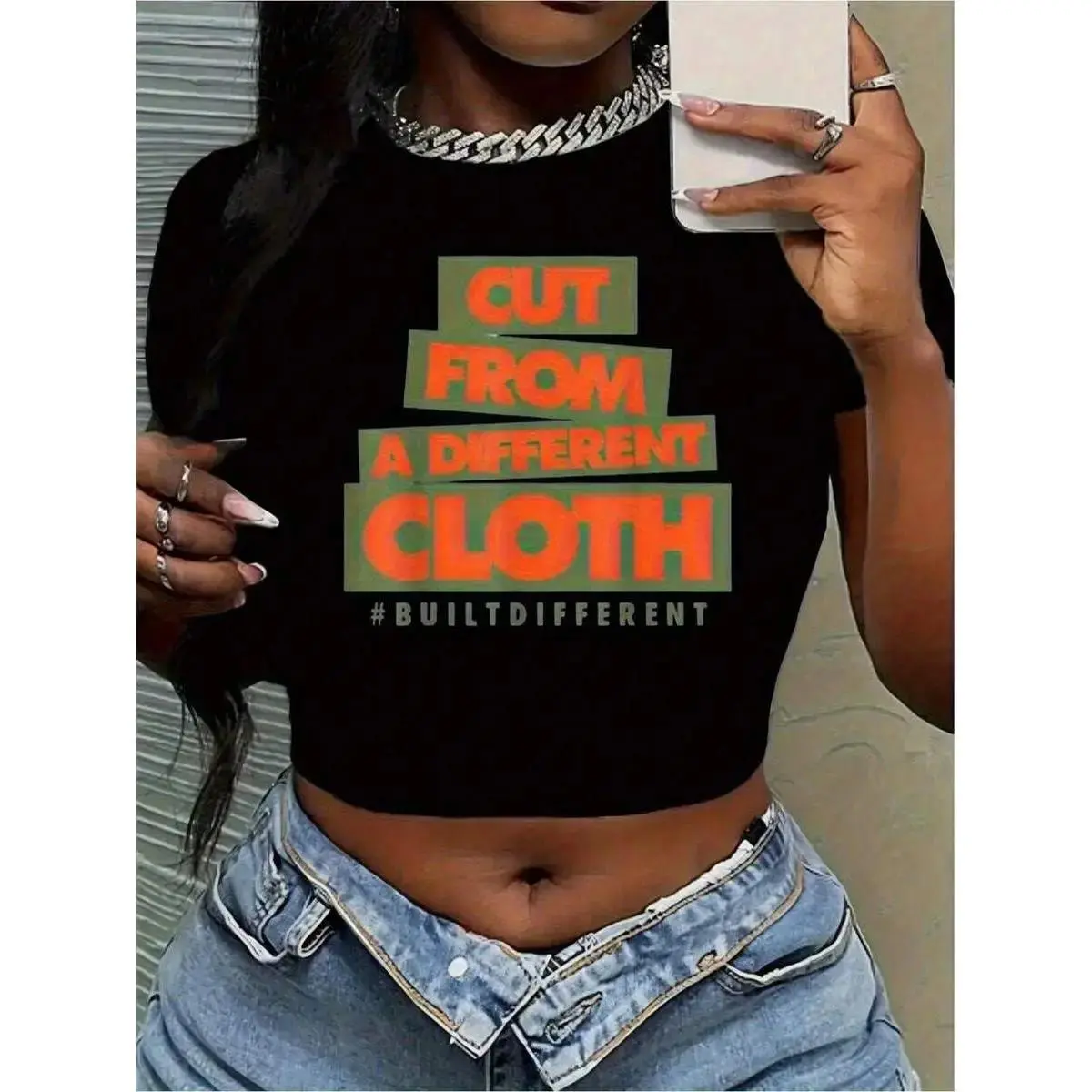 "Cut From A Different Cloth" Graphic Crop Top |   Bold Orange & Green Print, Black, Short Sleeve, Round Neck, Stretch Fit, Machine Washable, Casual Summer Tee, Everyday Tshirt |   Y2K Style, Crew Neck, Geometric Pattern, Women's Short Sleeve Crop Tee - L