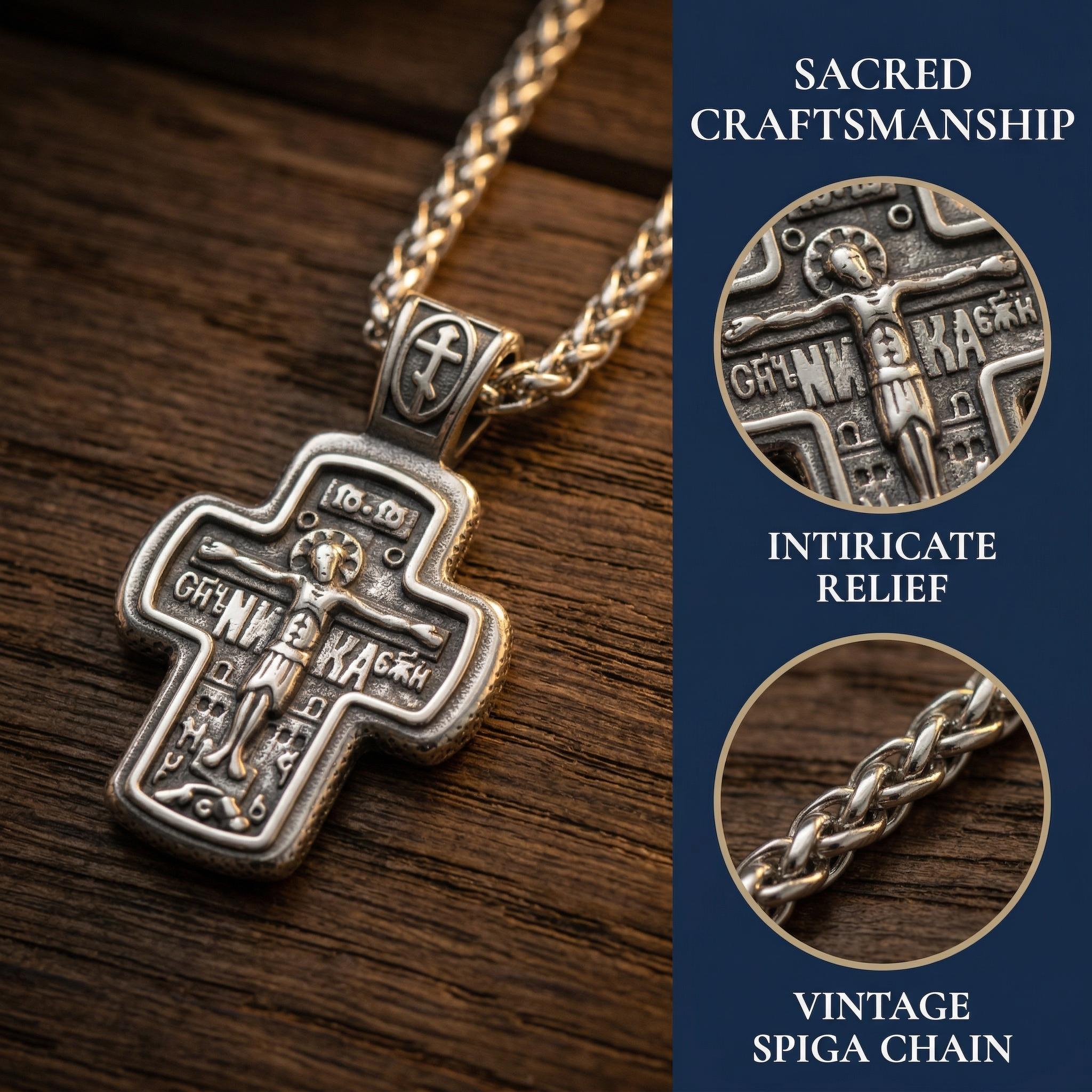 Orthodox crucifix necklace for men, stainless steel Christian cross pendant, religious men's jewelry for faith, baptism confirmation gift