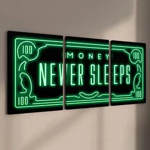Money Neon Letter Pattern Framed Canvas Painting, 3 Counts Modern Art Wall Decor, Wall Art for Home Living Room Bedroom Office, Modern Home Decoration