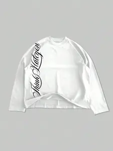 1Pcs Mens Oversized White Unisex Long Sleeve T-Shirt | Gothic Cursive Graphic Tee with Boxy Fit | Minimalist Urban Streetwear Pullover for Men & Women