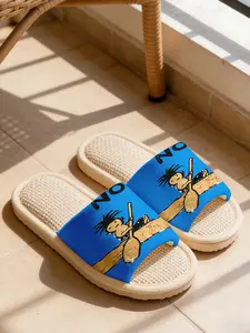 Unisex Cartoon Rowing Man Linen Slippers, Baby Blue Noe Letter Print, Sweat-Wicking, Breathable, Non-Slip, Quiet, All-Season Home Footwear