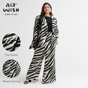 【Plus Size】Airwish Fashion Zebra Striped Suit with Double Side Flap Pockets Slightly Padded shoulders Wide Leg Chic Casual Style Pants Versatile Commuter Set Long Sleeve Clothes Christmas