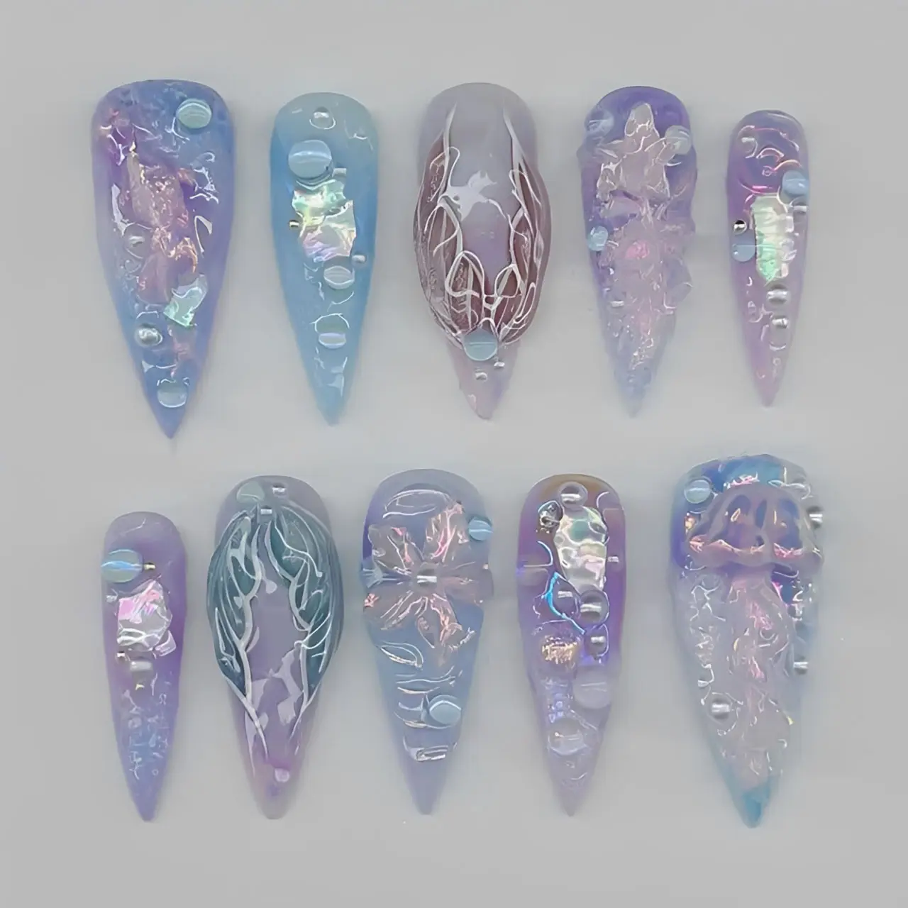 Handmade Iridescent Jelly Ocean Press On Nails | 3D Mermaid Texture with Water Droplets | Purple Blue Fantasy Long Nails for Party Look