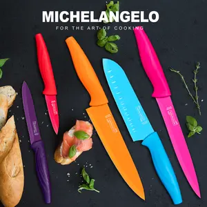 MICHELANGELO 10 PCS Nonstick Ceramic Coating Knife Set, Multicoloured Durable Kitchen Fillet Knives, Ergonomic Curved Stainless Steel Knives Set for Kitchen, 5 Rainbow Carving Knives with Covers Kitchenware Utensils
