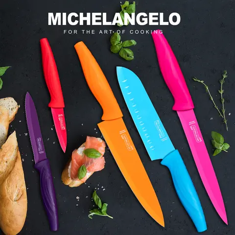 MICHELANGELO 10 PCS Nonstick Ceramic Coating Knife Set, Multicoloured Durable Kitchen Fillet Knives, Ergonomic Curved Stainless Steel Knives Set for Kitchen, 5 Rainbow Carving Knives with Covers Kitchenware Utensils