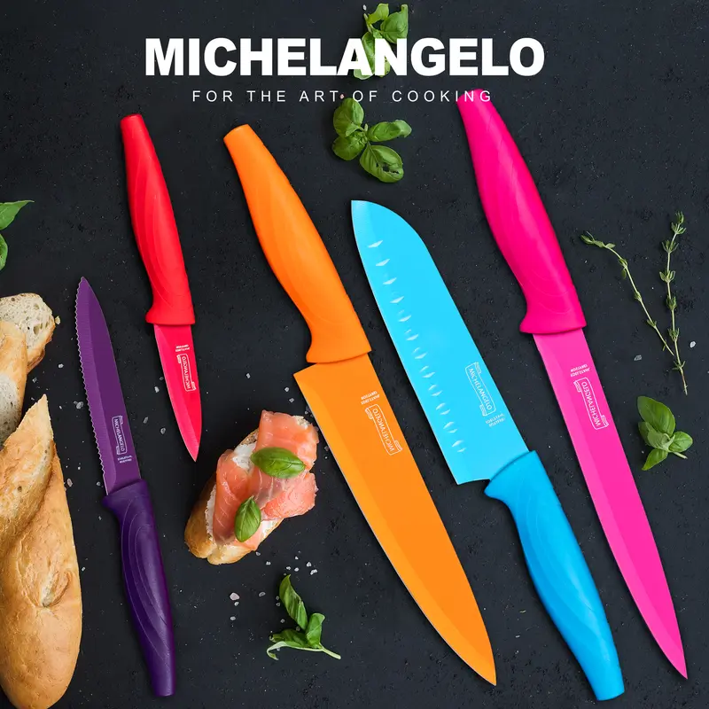 MICHELANGELO 10 PCS Nonstick Ceramic Coating Knife Set, Multicoloured Durable Kitchen Fillet Knives, Ergonomic Curved Stainless Steel Knives Set for Kitchen, 5 Rainbow Carving Knives with Covers Kitchenware Utensils