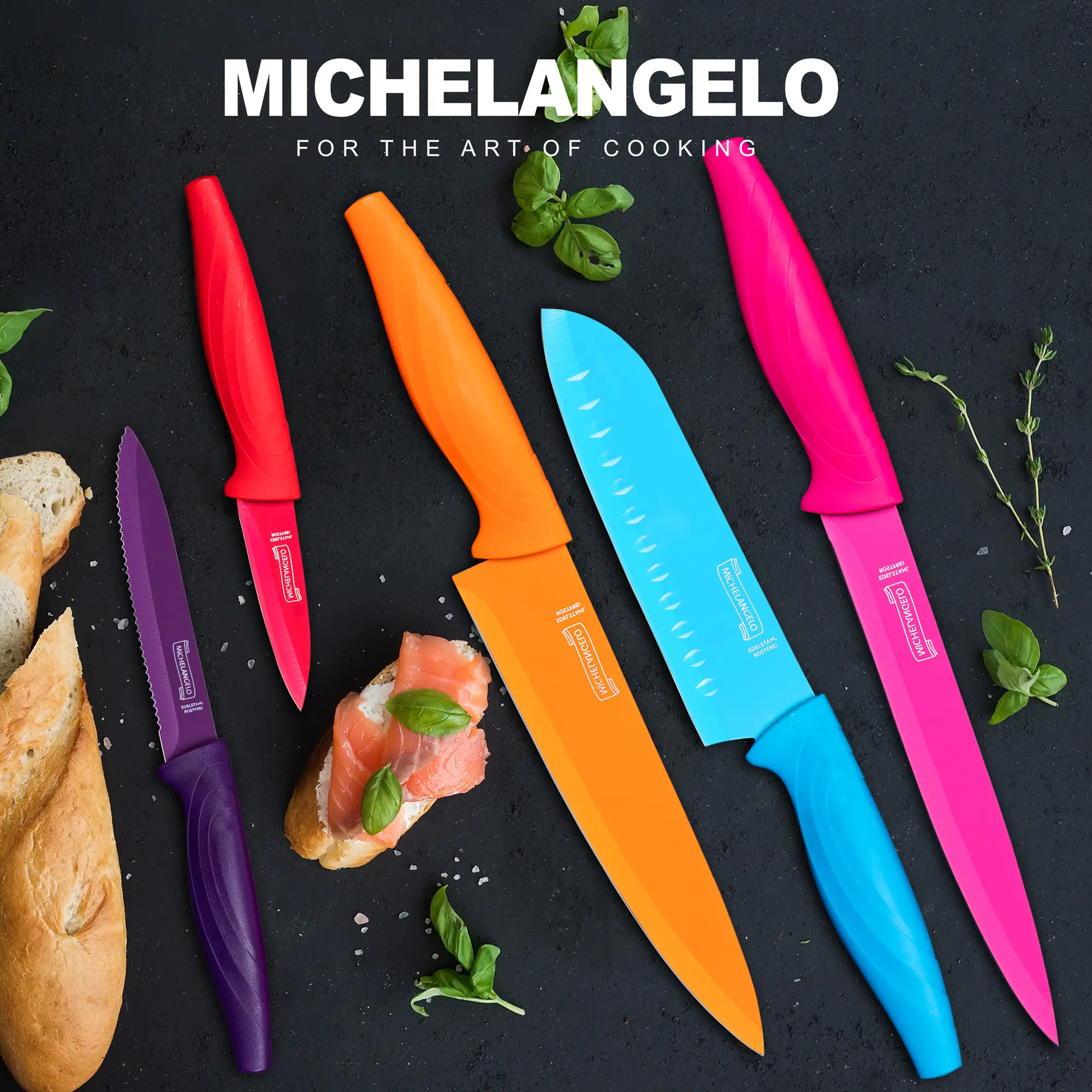 MICHELANGELO 10 PCS Nonstick Ceramic Coating Knife Set, Multicoloured Durable Kitchen Fillet Knives, Ergonomic Curved Stainless Steel Knives Set for K