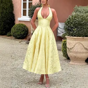 V-neck Halter Jacquard Dress High-end Evening Gown Spring Summer Elegant Sleeveless Backless Waist-cinching Long Dress Flowery Backless Mini Dress