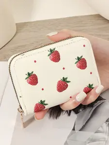 Fashionable strawberry printed women's short wallet, zipper around coin wallet, multifunctional credit card holder, high-quality multi slot credit card storage bag, Card Organizer