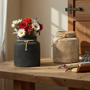 Vintage Ceramic Vase with Vertical Rope Knot Design, Large Mouth Decorative Flower Vase, Ceramic Bouquet Vase for Home Decoration, Indoor Desktop Ornament