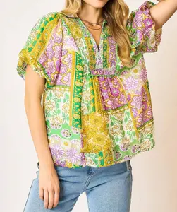 UMGEE BOHO CHIC MULTI FLORAL PATCHWORK PRINT SHORT BUBBLE SLEEVE TOP