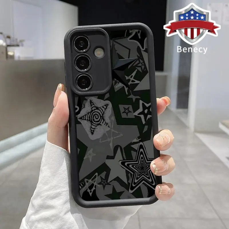 TPU Phone Case Compatible with Galaxy S23  Ultra S24 Plus S25 S22+ Black Star Pattern Anti-Scratch Shockproof Soft Silicone Protective Cover Smartphone Casing