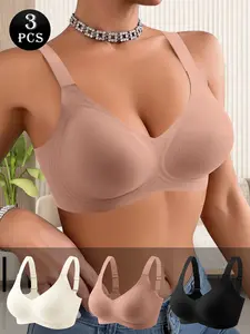 QUASTI Women's 3-Piece Mix Colors Plain Wireless Bra - Minimalist Padded Breathable Seamless Jelly Strip Push-Up Lady Clothes, Full Coverage Soft Fabric Support Lifting Basic Bralette Lingerie, Fits S-XXL (Do Not Dry Clean)