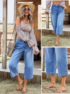 Summer Casual Boho Light Blue Washed High Waist Seven-Quarter Wide Leg Pants, Casual Jeans, Comfortable Loose Fit, Perfect for Lazy Days