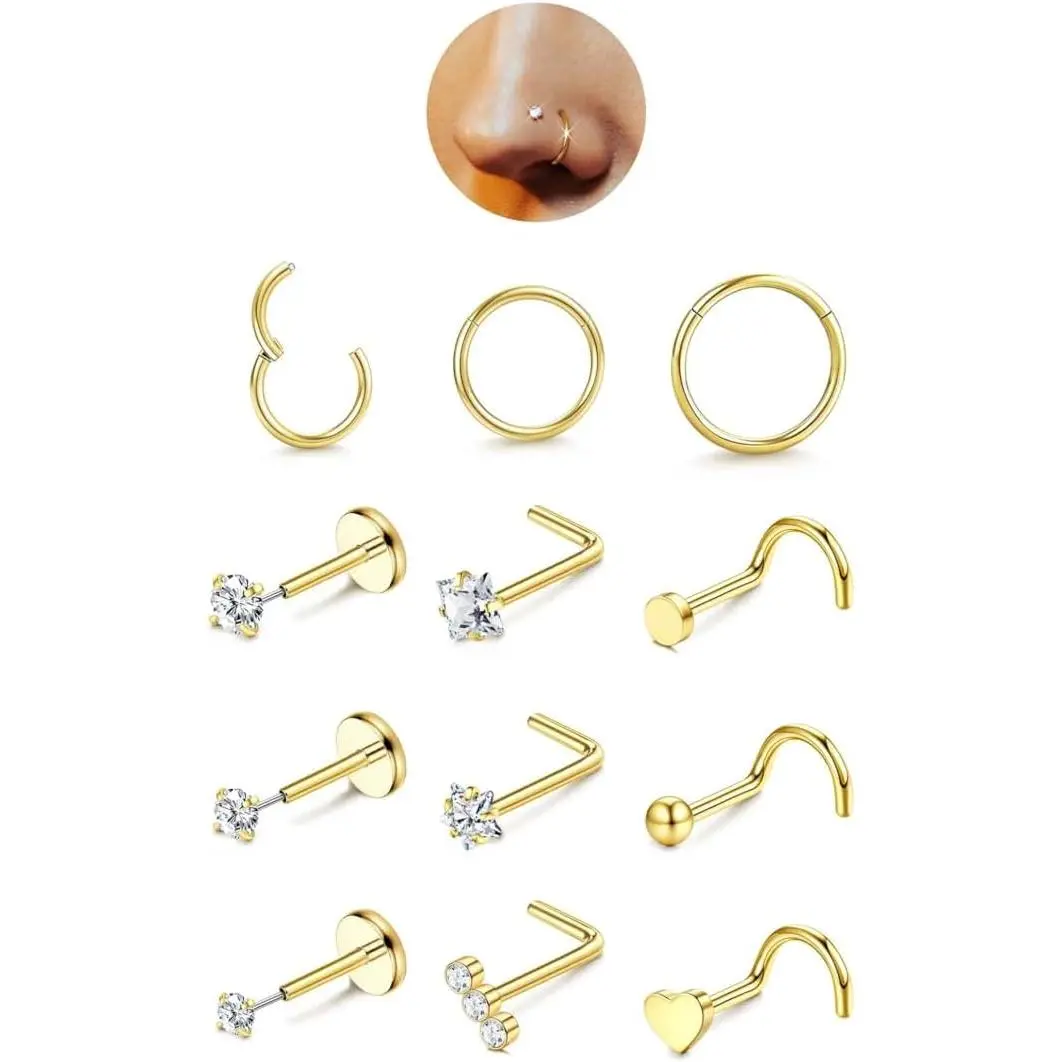 12 count Nose Rings for Women - 14K  Filled  Surgical Steel Nose Rings Hoops Lip Septum Clicker Ring CZ Screw L Shaped Studs Threadless Flat  Stud Nostril