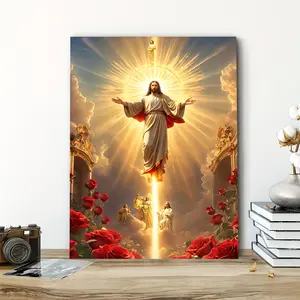 Vintage-Inspired Jesus Ascension Cross Canvas Art Print - Frameless Religious Wall Decor for Home, Office, and Cafe - Spiritual Gift Idea