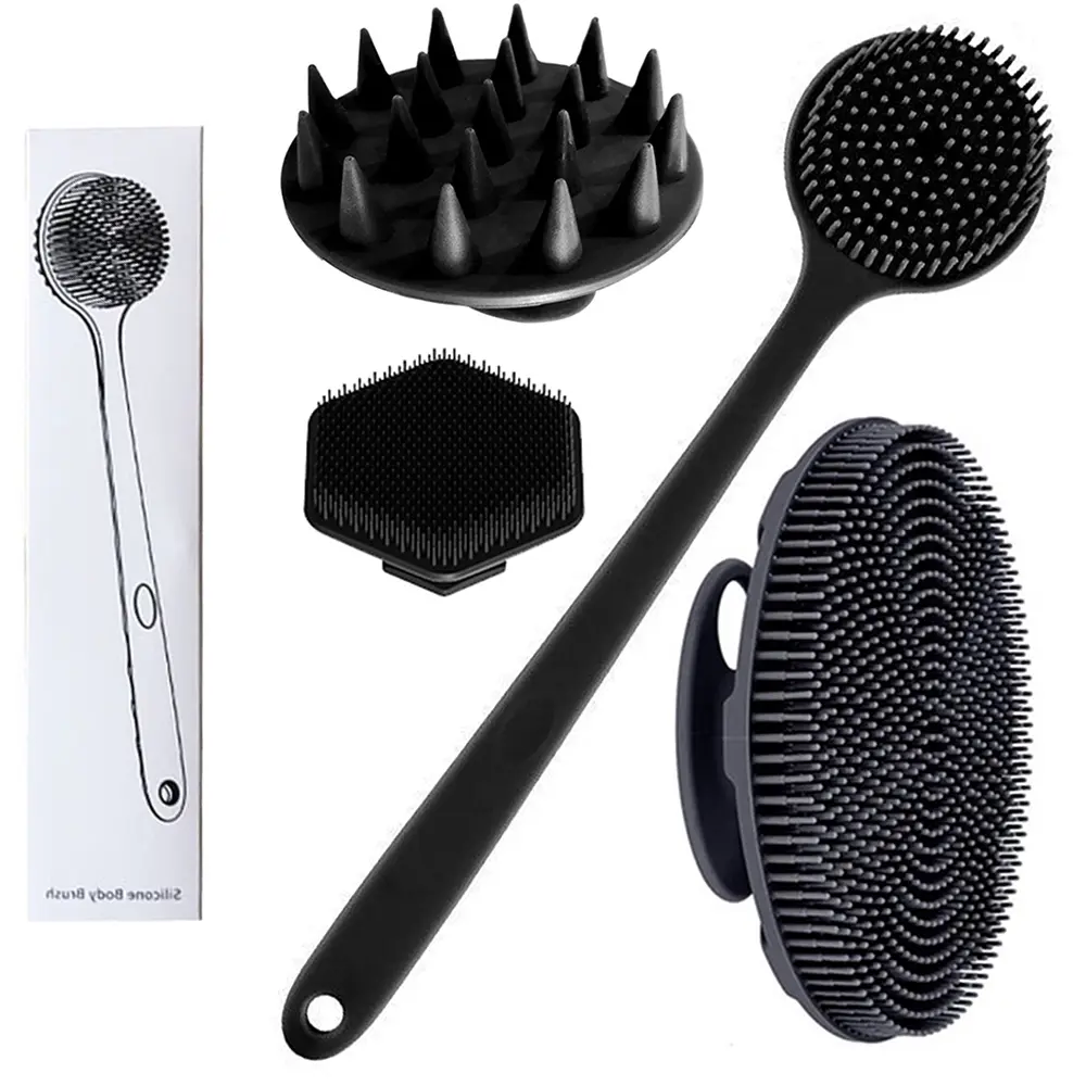 Silicone Body Brush Set, Upgraded Box Packaging, Long & Short Bath Brushes, Bath Accessories, Head & Face Scrubbers, Exfoliating Bath Tool, Body Back Scrubber, Non-Electric Handheld Shower Kit