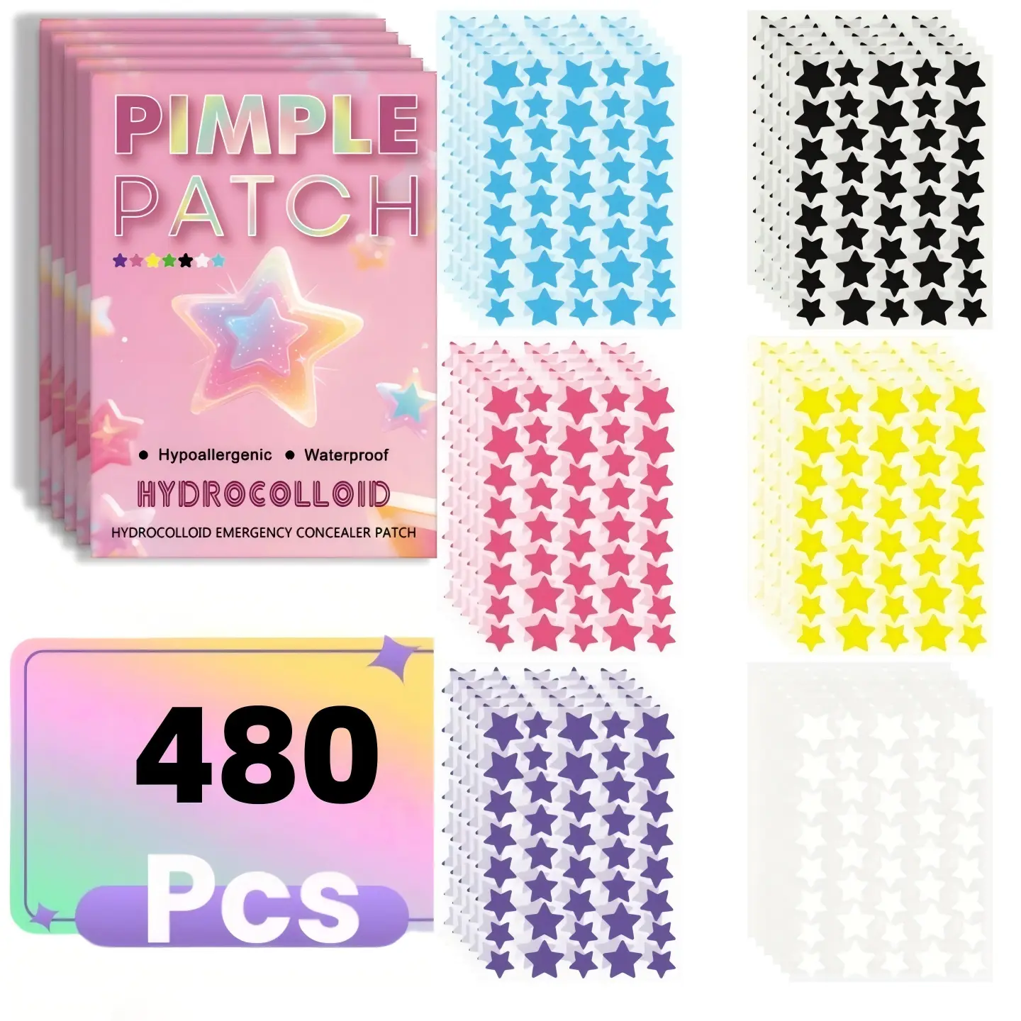 480 Count Cute Star Pimple Patches for Face, Hydrocolloid Blemish Stickers, Invisible Acne Patch Alternative, Overnight Spot Covers, Alcohol-Free and Odorless