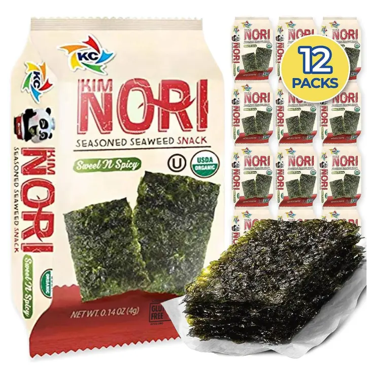 KIMNORI Seasoned Seaweed Snacks Sheets – Organic Sweet 'N Spicy Flavor 12 Individual Packs Roasted Crispy Premium 100% Natural Laver Kim Nori 4g 0.14 Ounce