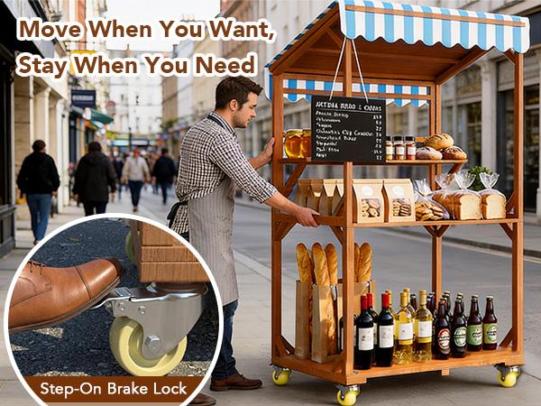 Wooden Farm Stand Cart, Solid Wood Farmers Market Stand with Wood Roof, Heavy Duty Display Table with Lockable Wheels, for Events & Small Business, Light Brown