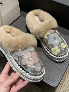 Women's Winter Thick Sole Sequins Rhinestone Sporty Slippers, Bohemian Style Party Snow Shoes, Handmade Patchwork Design, Cute Home Slides
