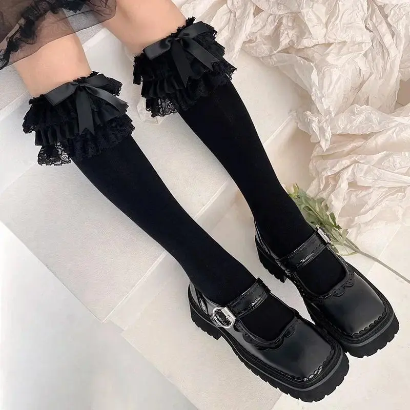 Girl Lolita Stockings Y2k Ruffle Long Socks Stockings Japanese Style Kawaii Bowknot Cute Lacework Knee Socks Stockings
