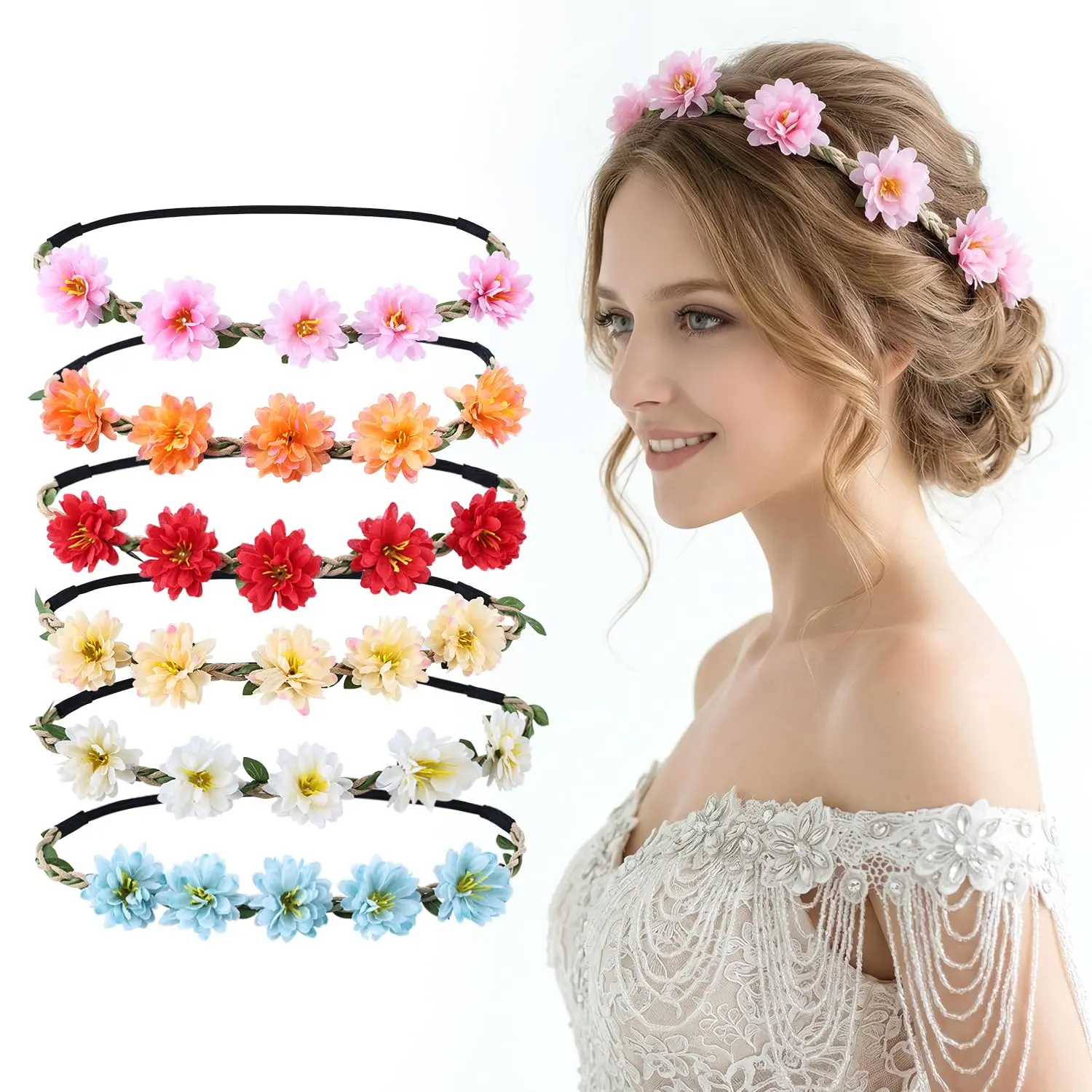 Flower Crown for Women Girls, 6 Pcs Flower Headpiece Boho Floral Headband for Wedding, Birthday, Festival Party, Photo Shoot & Daily Wear