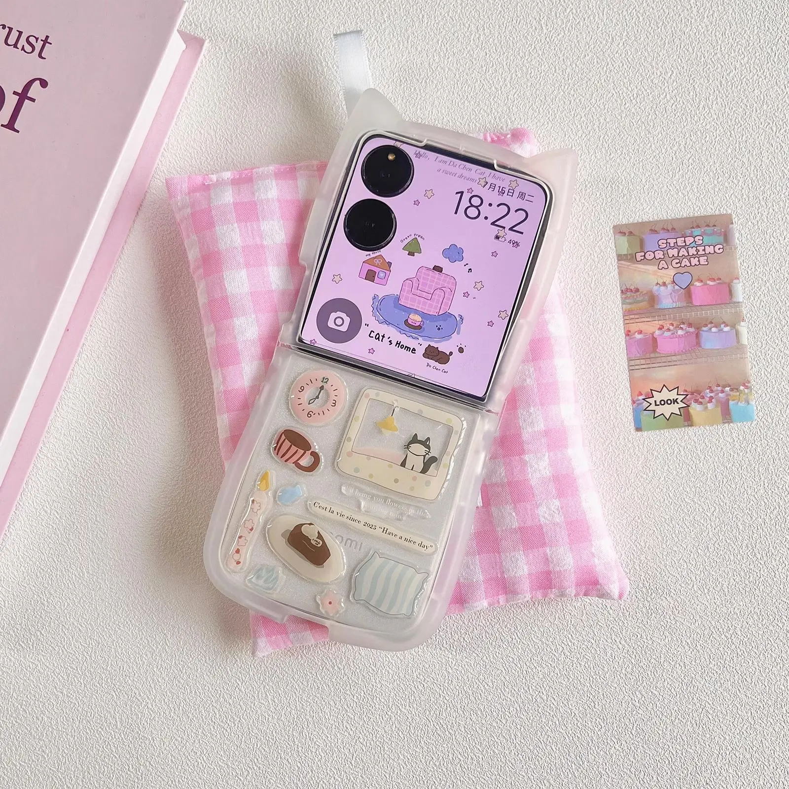 Korean Cute Kitten Cartoon Sticker Cat Ears Phone Case For Samsung Galaxy Z Flip 7 SE Flip 6/5/4/3 Girls Gift Soft Back Cover