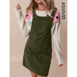 Solid Front Pockets Sleeveless Corduroy Overall Dress