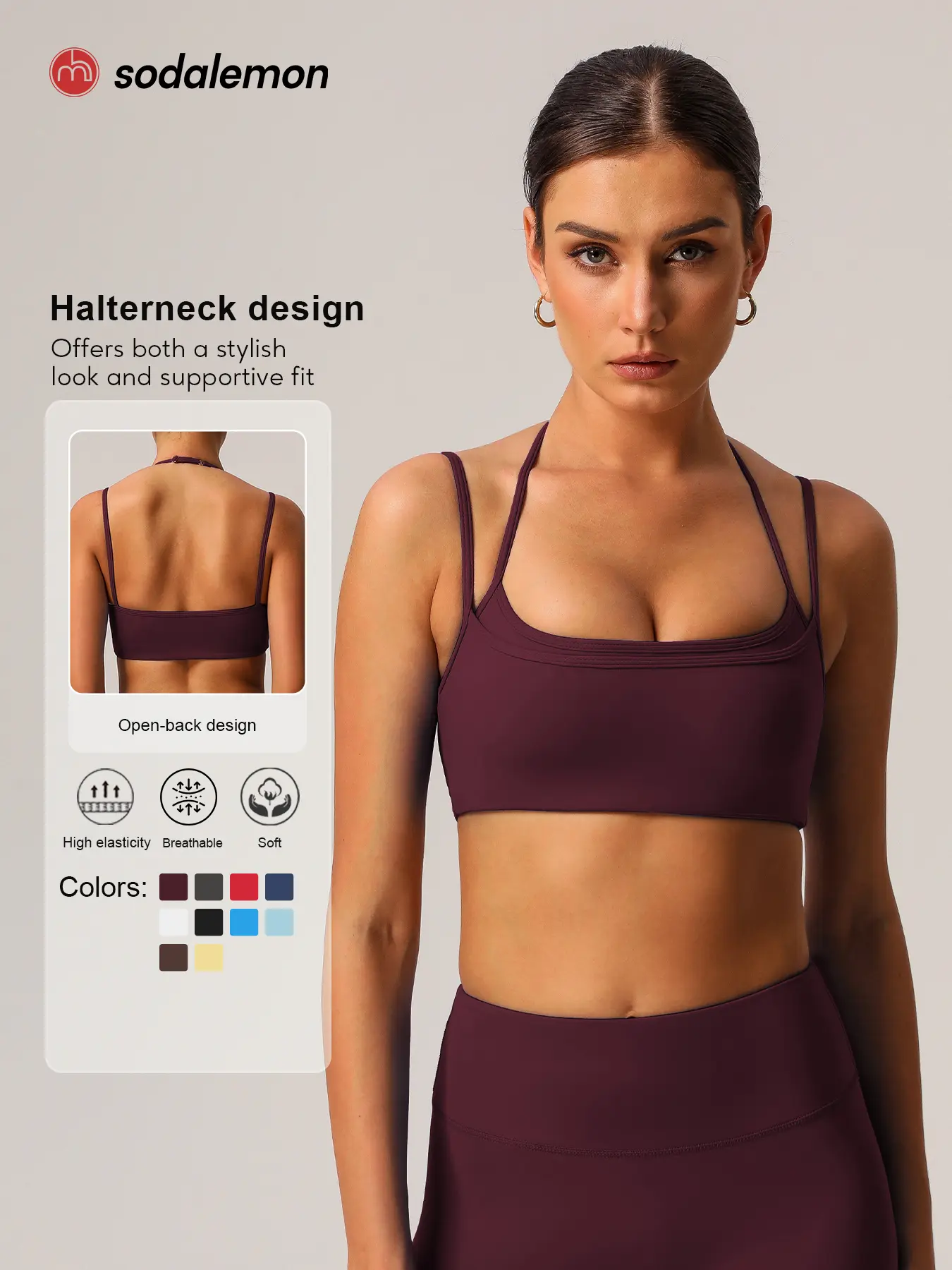 Sodalemon Women's High-Elasticity Strappy Sports Bra - Halter Neck, Double Straps, Faux 2-Piece Style - Workout Essential for Yoga Wear Fitness, Running, Workout Bra,travel essentials,camping essentials