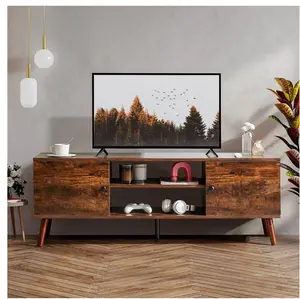Mid-Century Modern Wooden TV Stand for 55-60” TVs, 2 Storage Cabinets, Adjustable Shelf, Cable Management, Sturdy Legs, Easy Assembly, Rust Brown