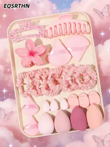 26pcs Pink Hair Accessories and Makeup Tools Set, Floral Flower Claw Clips with Makeup Sponges and Hair Ties, Premium Material, Large Tension, Perfect for Women's Daily Hair and Makeup, Festive Styling