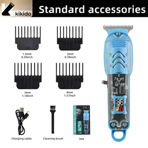 KiiKido Transparent Blue Hair Clipper LT-808 Professional Barber Kit - Cordless Electric Trimmer with Digital LCD Power Display, 4 Combs for Home & Salon Haircuts
