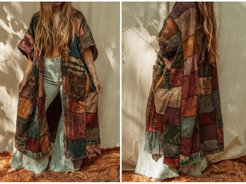 Fall Hippie Boho Men’s Women’s Patchwork Cotton Kimono, Grunge Style Artist Smock, Open Face Jacket Earthy Shawl, Recycled Cardigan XS-4X